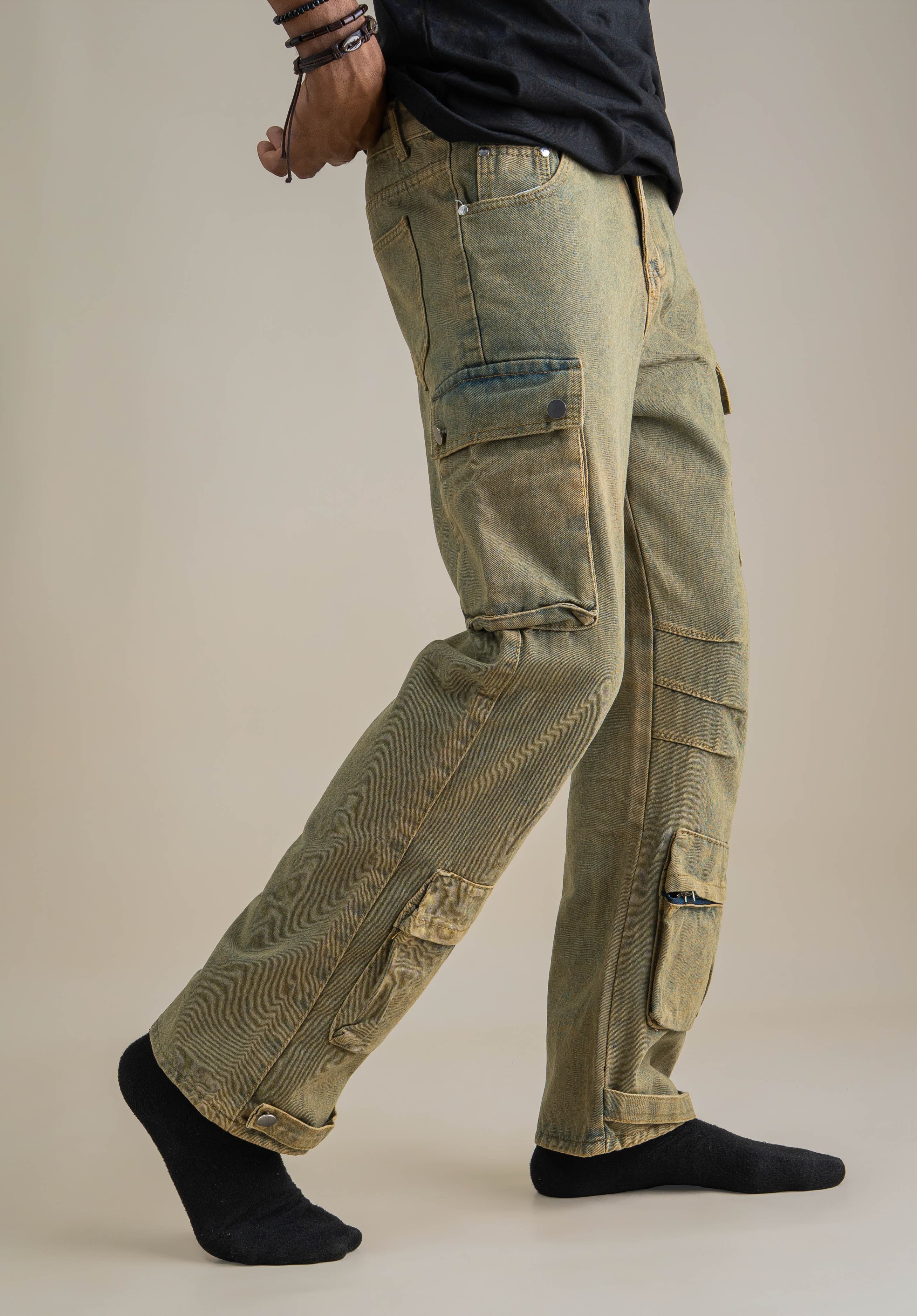 OLIVE DRAB CARGO JEANS - View 2