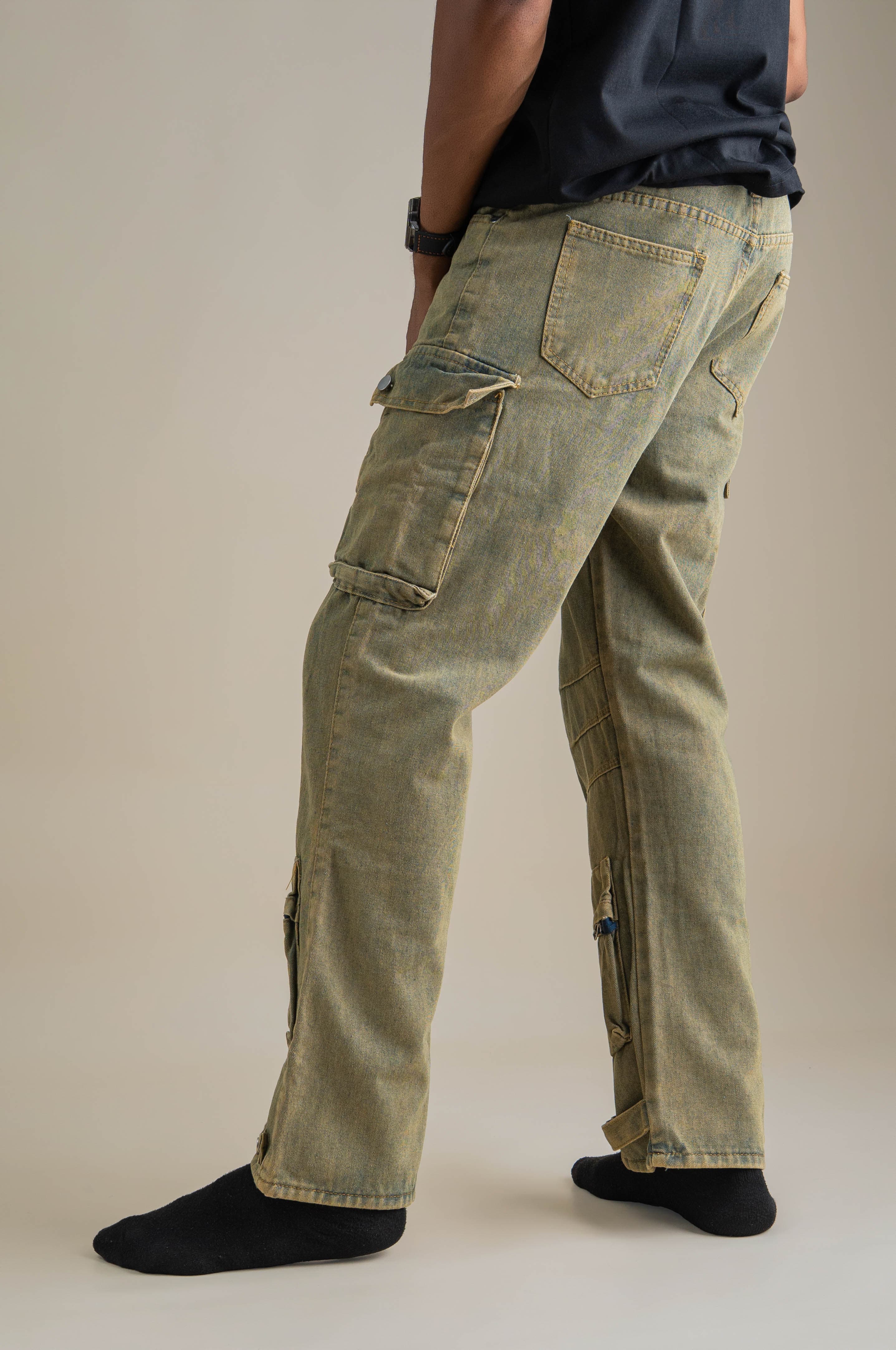 OLIVE DRAB CARGO JEANS - View 3